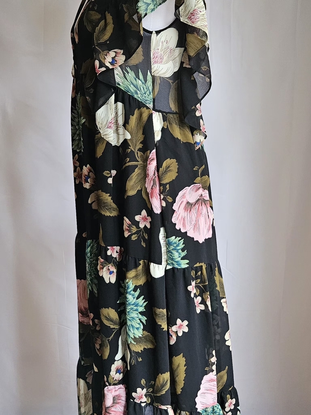 ZARA Black Tropical Floral Ruffle Tiered Maxi Dress Sz XS/S Boho Romantic - Picture 9 of 16